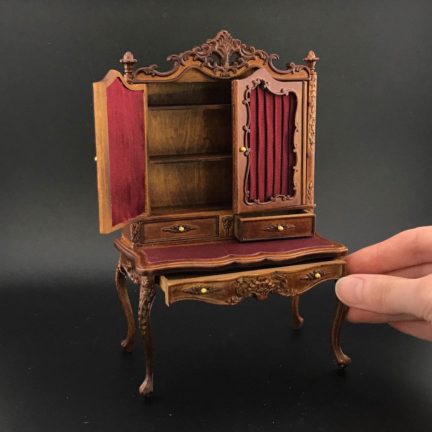 Victorian French SHOWCASE desk unit for 1:12 dollhouse miniature shelf shelving unit table drawers walnut bookcase V4083 WN