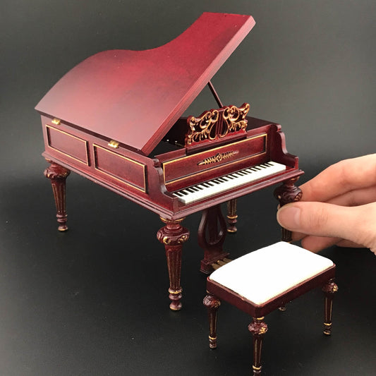 Piano à queue + tabouret pour maison de poupée miniature à l'échelle 1:12, siège en bois, acajou de qualité et or Y3600 MHG