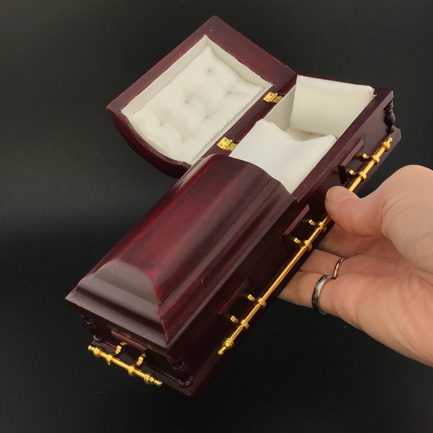 1:12 Scale Wooden miniature coffin casket Mahogany color with brass metal rod handles dollhouse Funeral buried