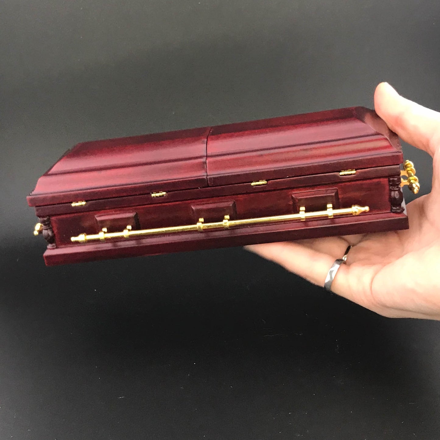 1:12 Scale Wooden miniature coffin casket Mahogany color with brass metal rod handles dollhouse Funeral buried
