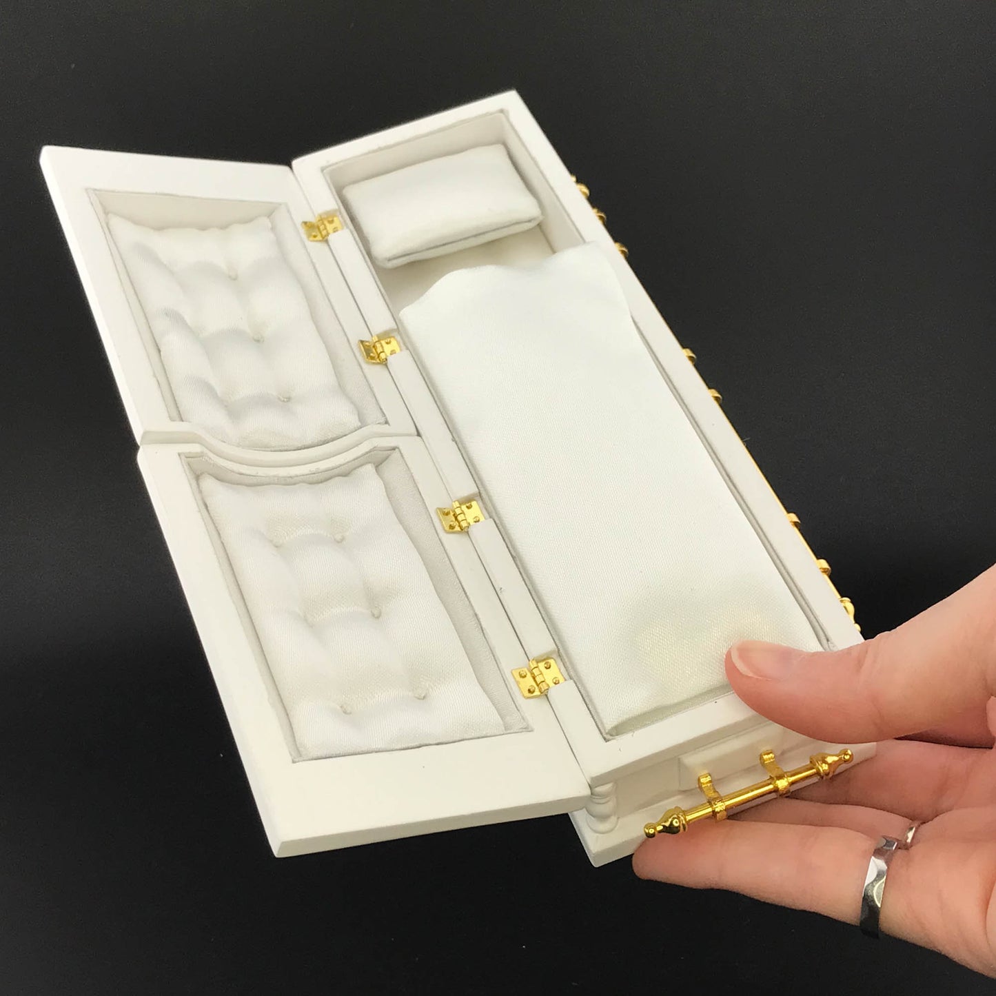 1:12 Wooden miniature coffin casket WHITE color with Brass metal rod handles for dollhouse Funeral buried