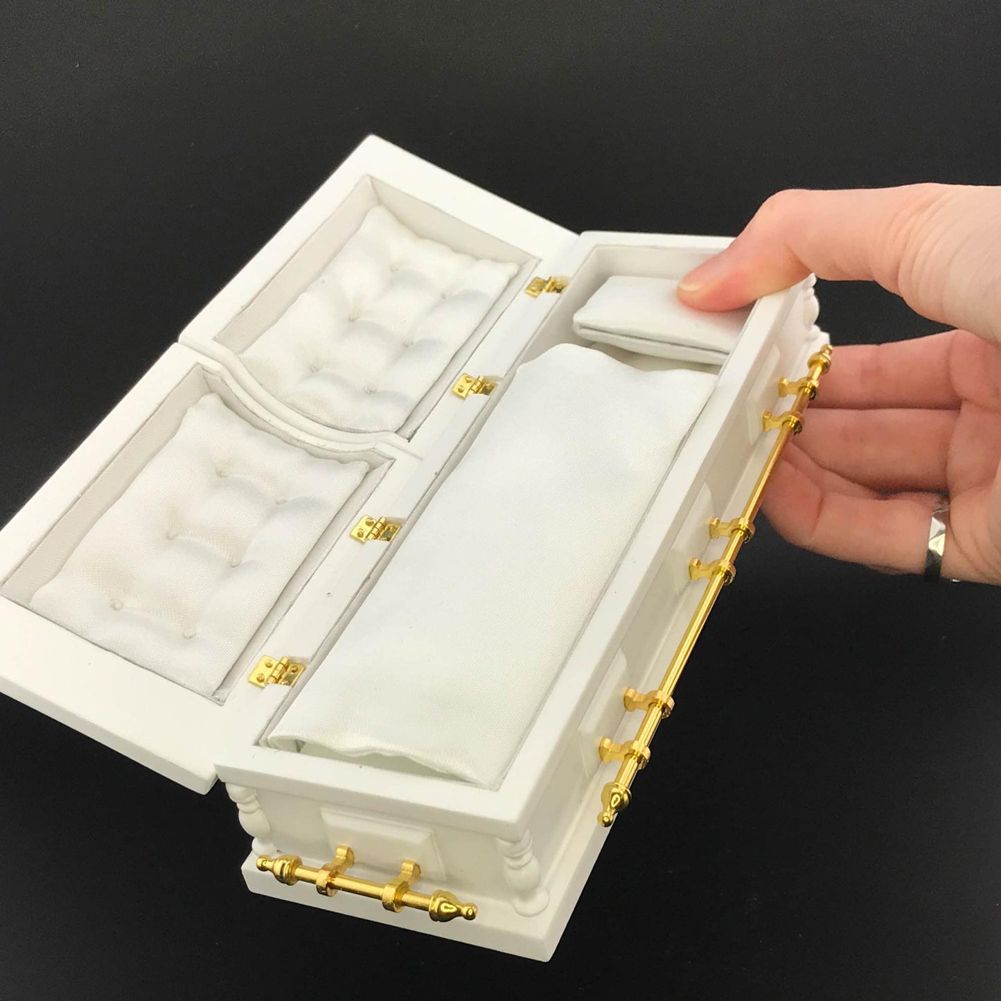 1:12 Wooden miniature coffin casket WHITE color with Brass metal rod handles for dollhouse Funeral buried