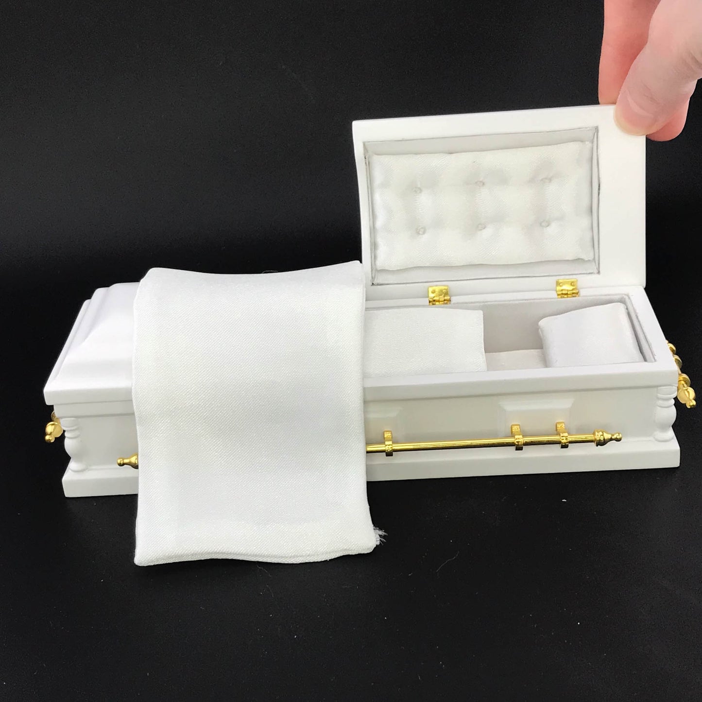 1:12 Wooden miniature coffin casket WHITE color with Brass metal rod handles for dollhouse Funeral buried