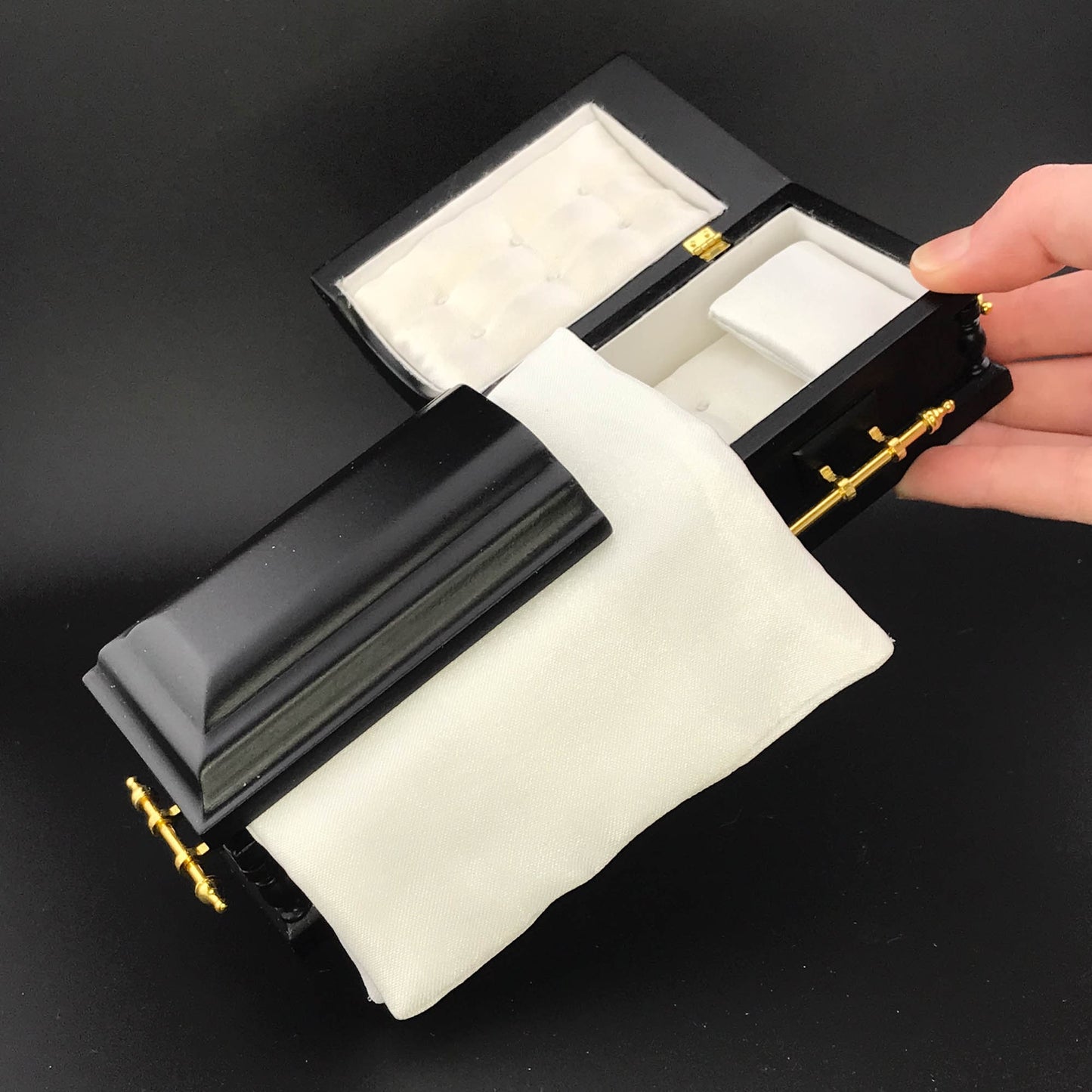 1:12 Wooden miniature coffin casket BLACK color with Brass metal rod handles for dollhouse Funeral buried