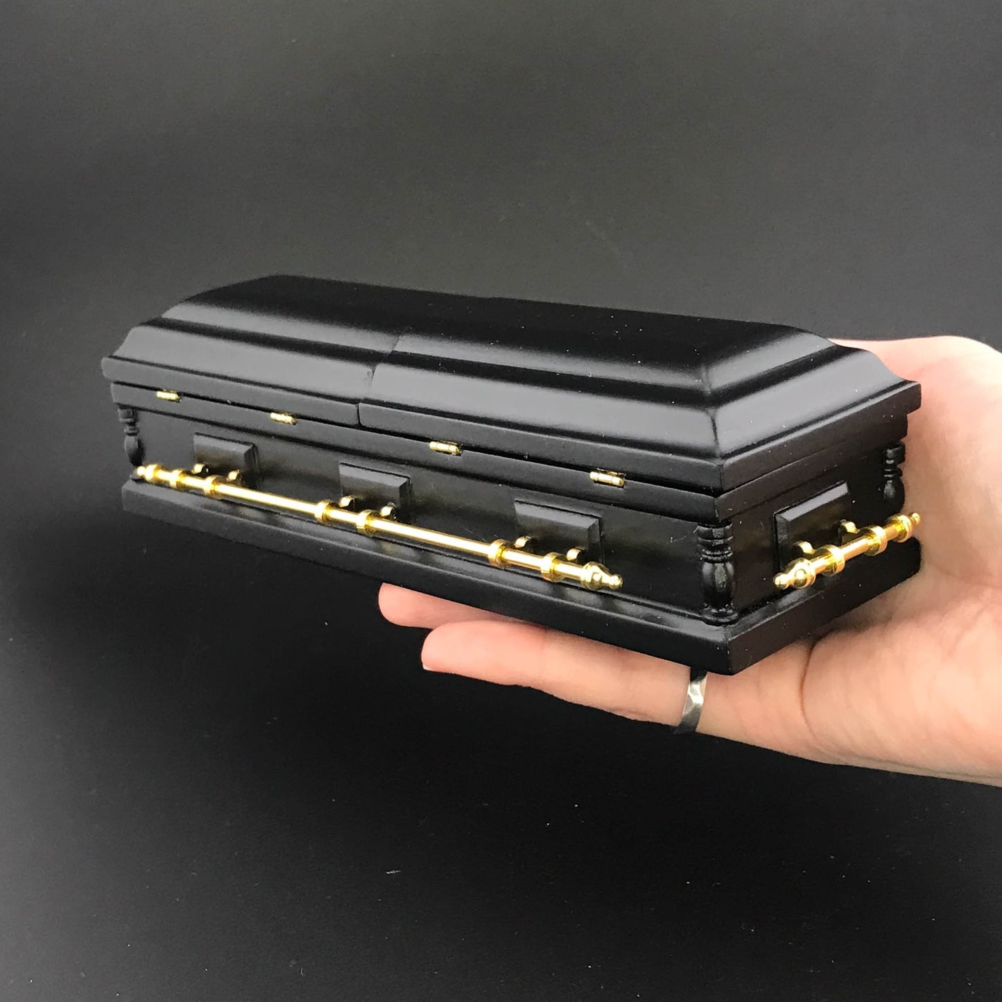 1:12 Wooden miniature coffin casket BLACK color with Brass metal rod handles for dollhouse Funeral buried