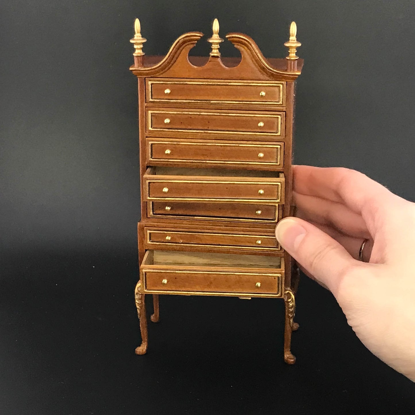 Queen Anne Bonnet Top Walnut Highboy Tall Chest of Drawers Dresser for 1:12 scale dollhouse miniature Y1000 WNG