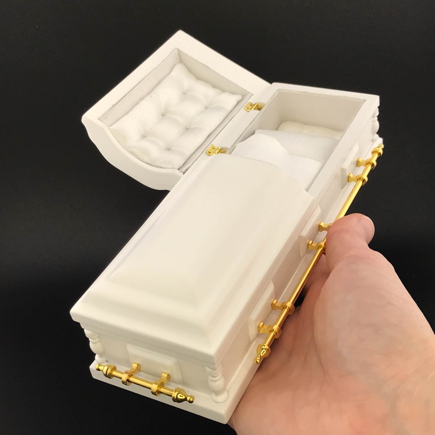 1:12 Wooden miniature coffin casket WHITE color with Brass metal rod handles for dollhouse Funeral buried