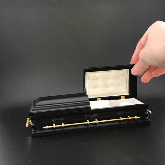 1:12  Wooden miniature coffin casket BLACK color with Brass metal rod handles for dollhouse Funeral buried