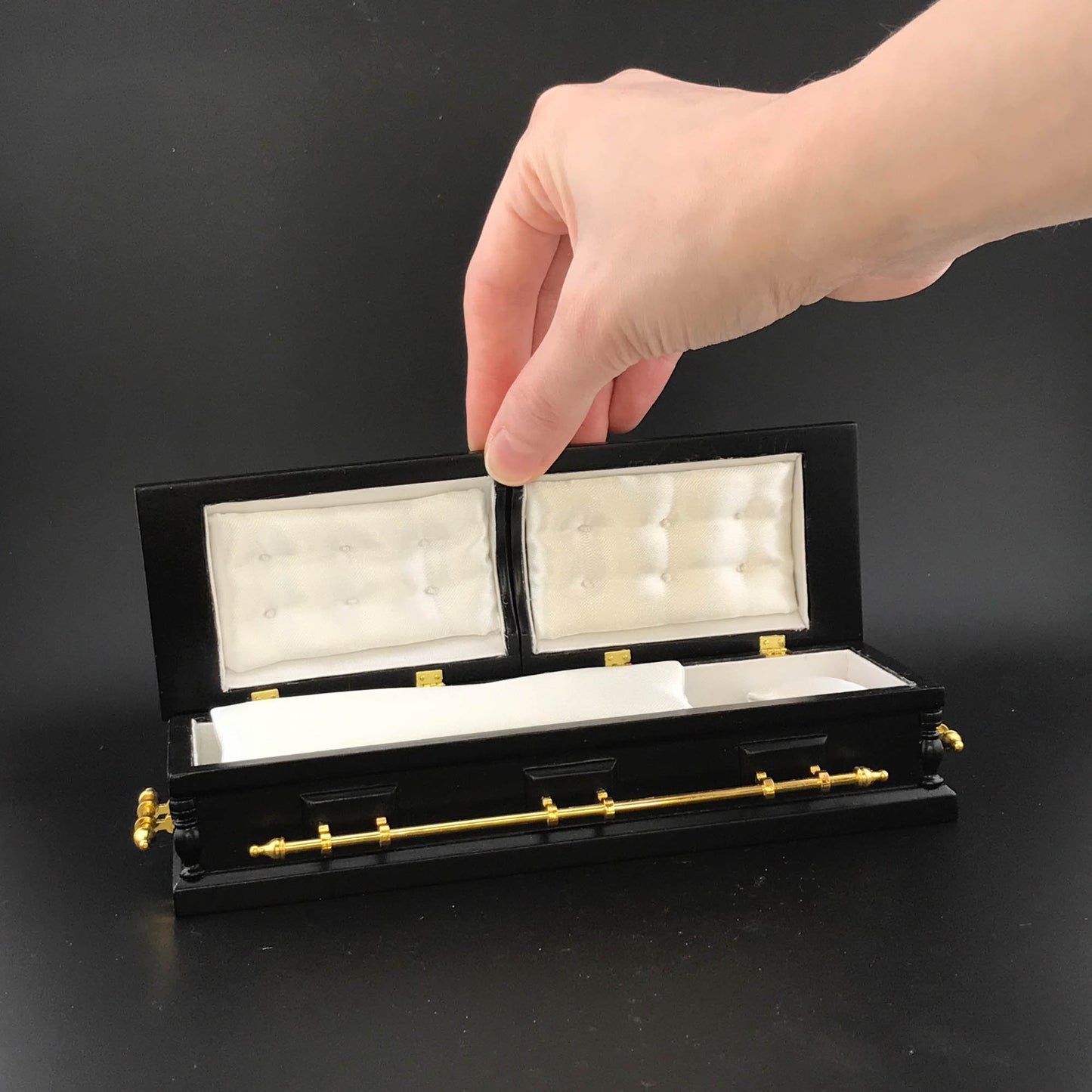 1:12 Wooden miniature coffin casket BLACK color with Brass metal rod handles for dollhouse Funeral buried