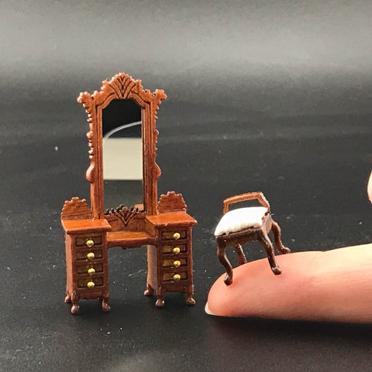 Commode victorienne avec miroir et tabouret à l'échelle 1/4" 1/4, ensemble de 2 pièces, miniature de maison de poupée de qualité supérieure