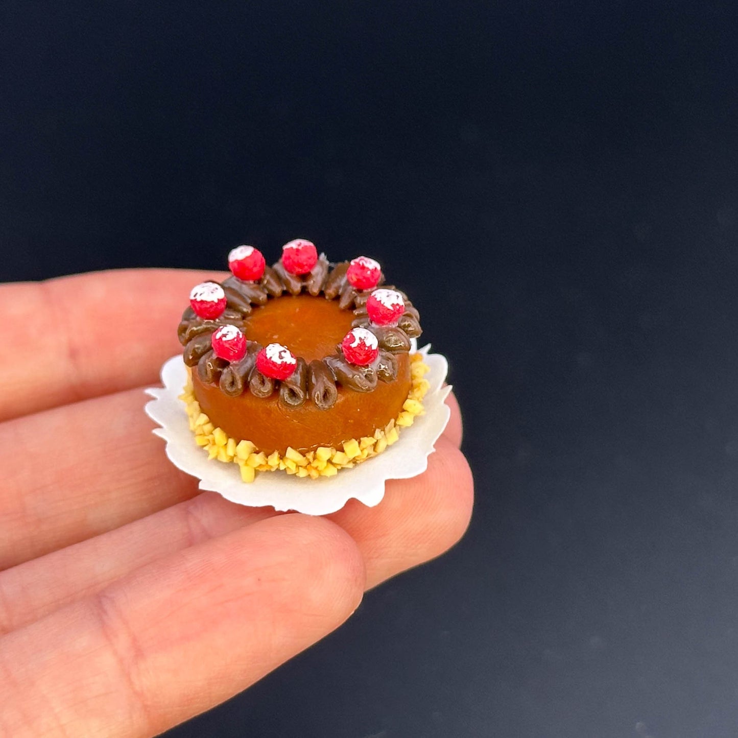 Handmade chocolate cake in 1:12 scale for dollhouse miniature polymer clay