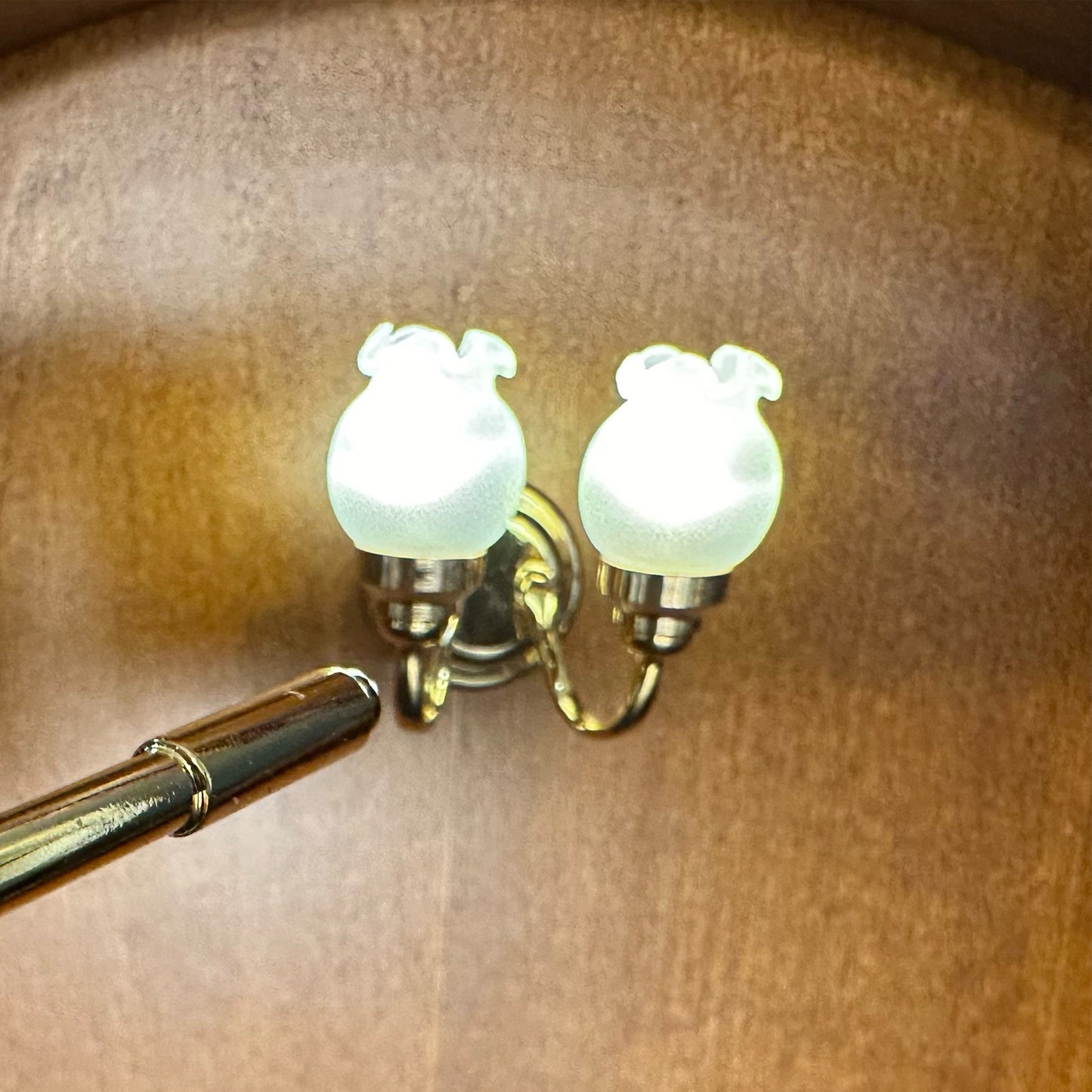 Miniature Touchless operation with Wand 1:12 Brass Wall sconce tulip two arms lamp LED light Dollhouse No-touch No-Switch Stick Fairy Magic
