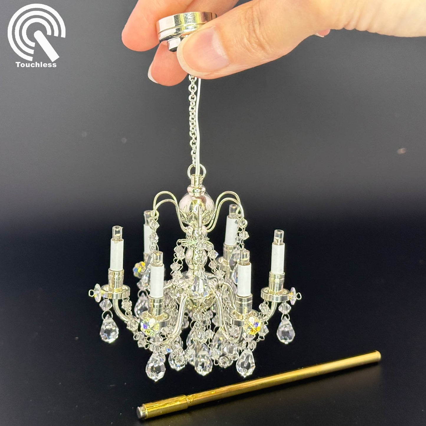 Crystal chandelier 6 arms Miniature Touchless operation with Wand 1:12 scale for dollhouse No-touch No-Switch