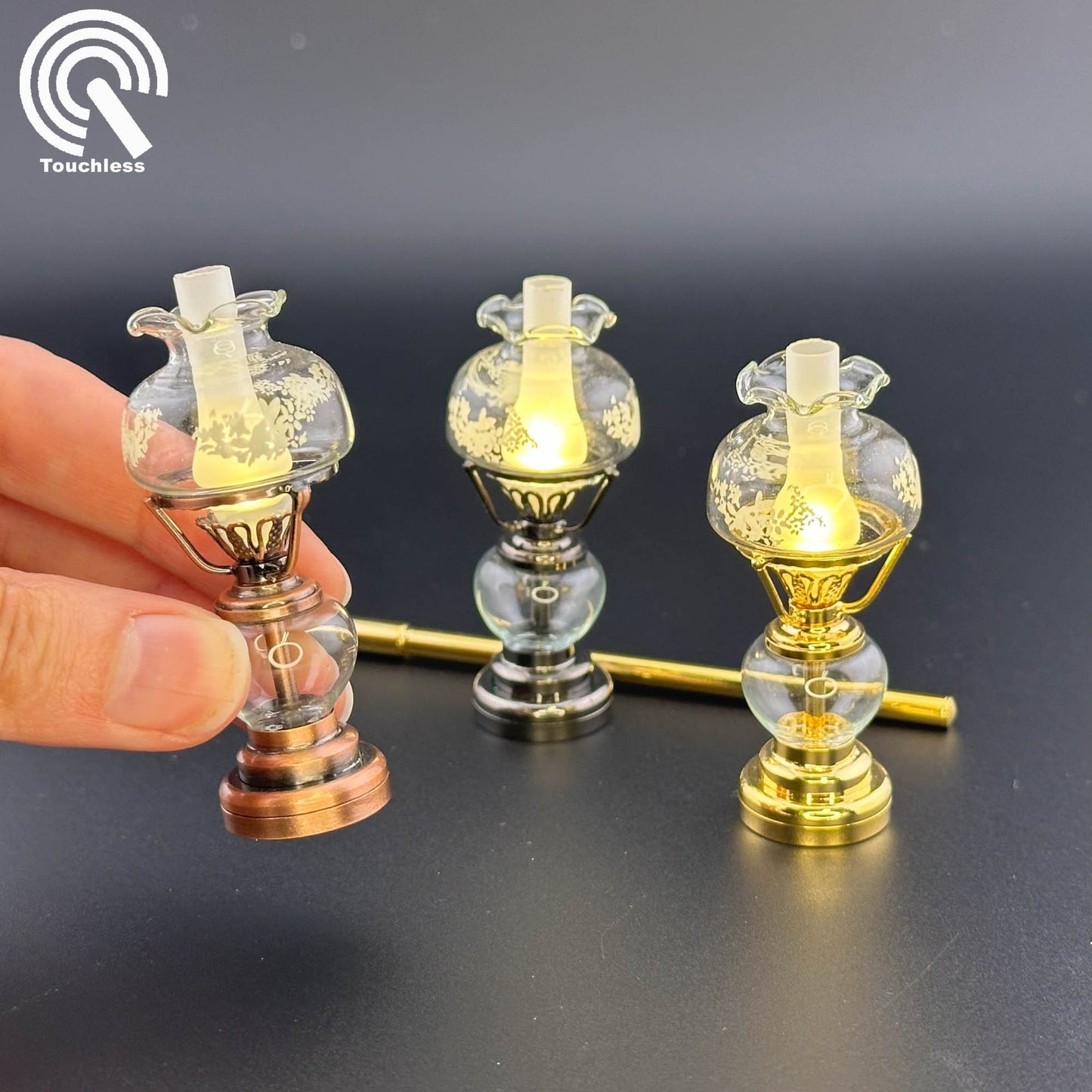 Miniature Touchless operation with Wand 1:12 standing Oil Lamp light Dollhouse No-touch No-Switch Stick Tabletop/Hanging glass lampshade
