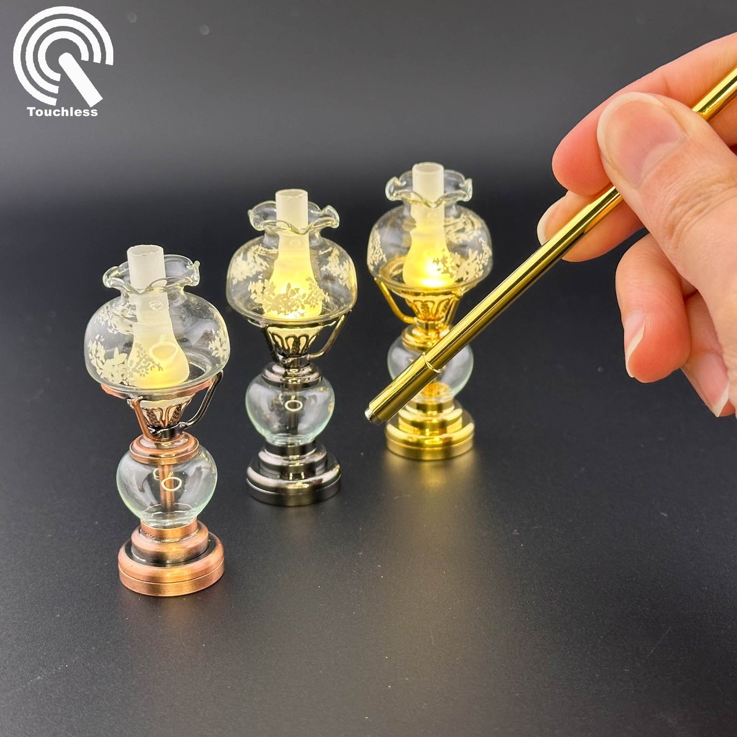 Miniature Touchless operation with Wand 1:12 standing Oil Lamp light Dollhouse No-touch No-Switch Stick Tabletop/Hanging glass lampshade