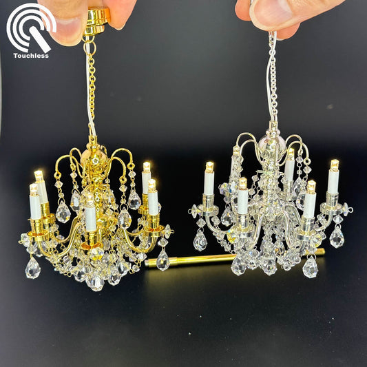 BRASS Crystal chandelier 6 arms Miniature Touchless operation with Wand 1:12 scale for dollhouse No-touch No-Switch