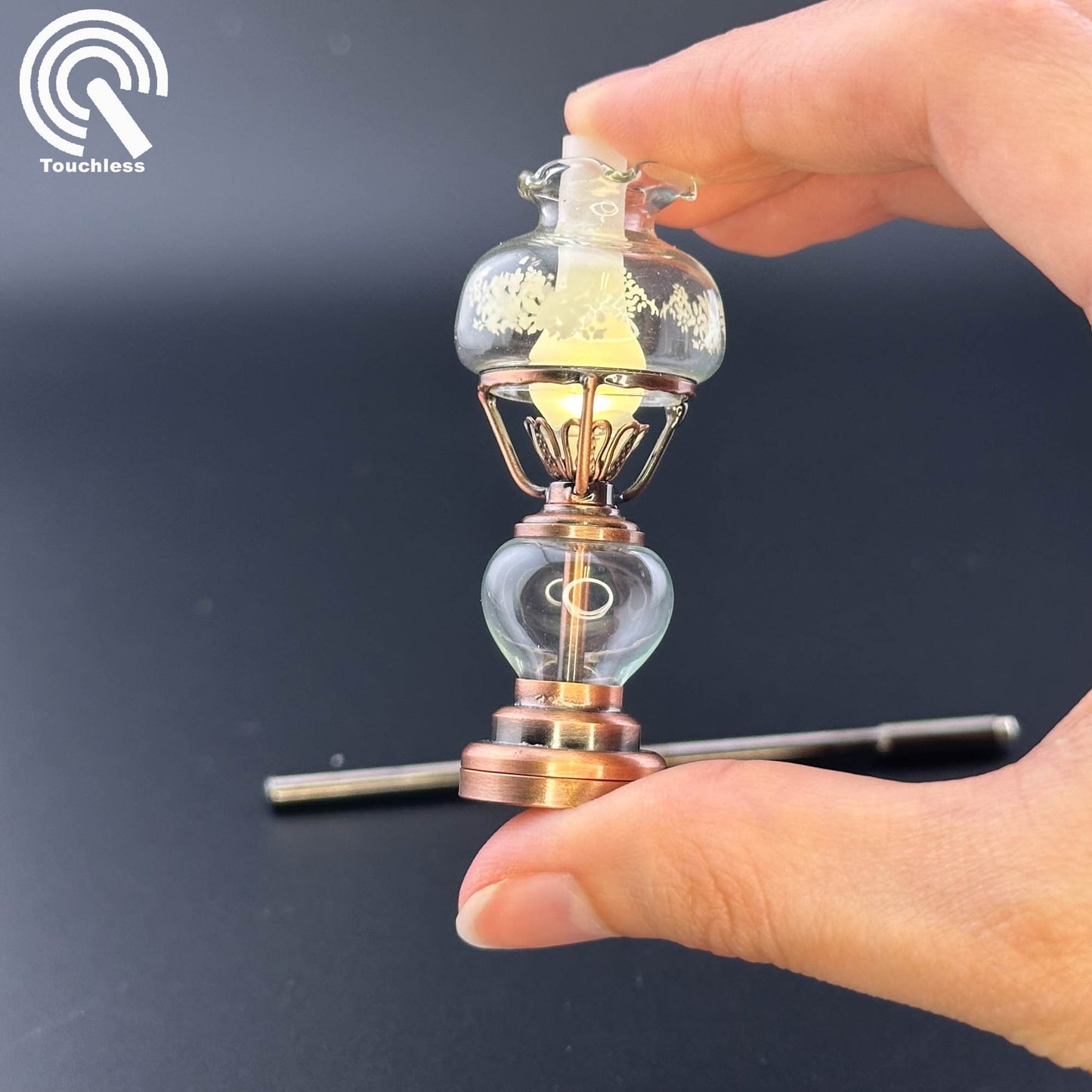 Miniature Touchless operation with Wand 1:12 standing Oil Lamp light Dollhouse No-touch No-Switch Stick Tabletop/Hanging glass lampshade