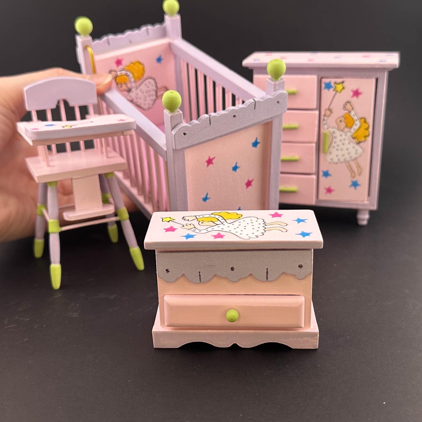 Fairy-themed pink nursery Economic 4pcs Set. miniature for 1:12 scale dollhouse dresser, crib, high chair, and toy chest Baby room.