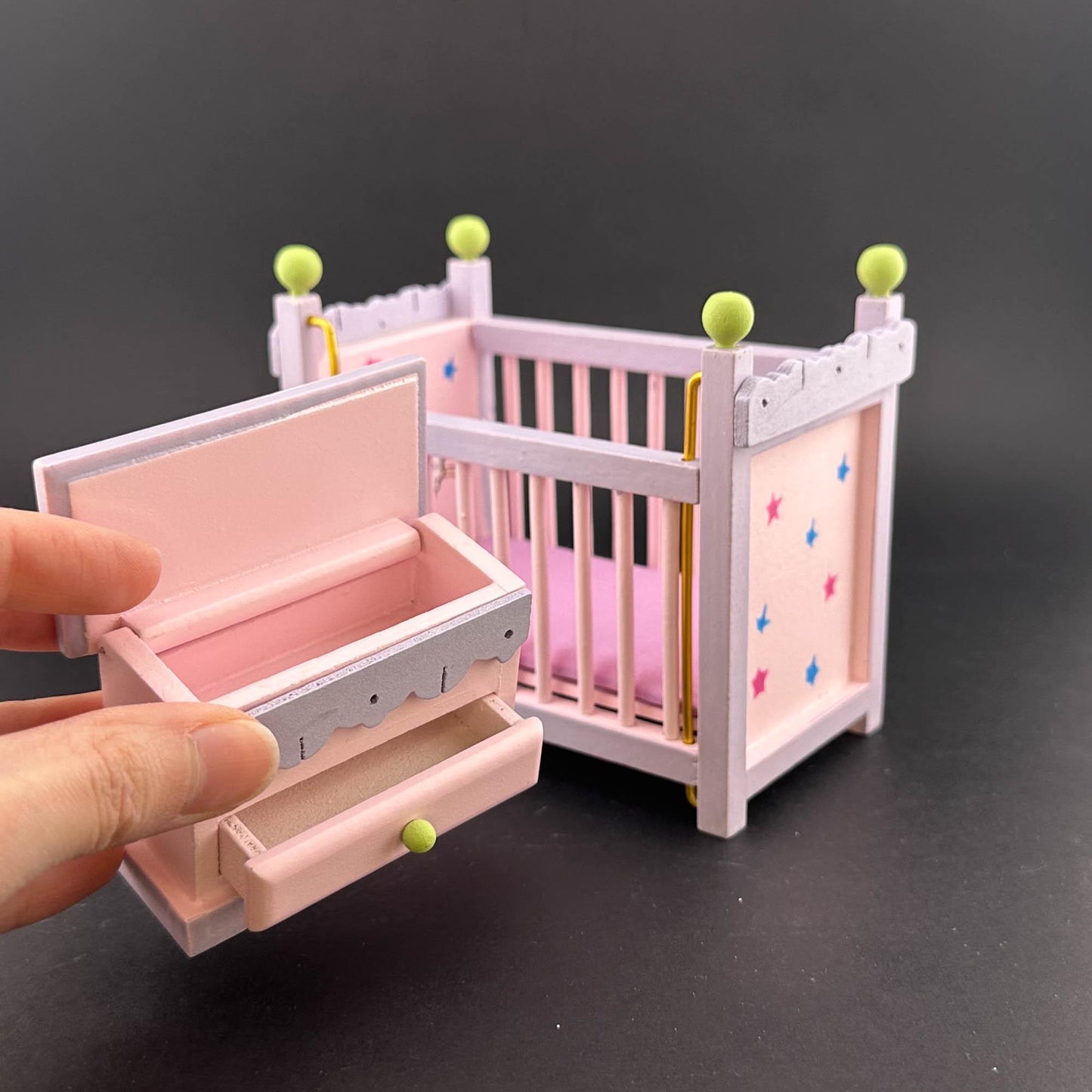 Fairy-themed pink nursery Economic 4pcs Set. miniature for 1:12 scale dollhouse dresser, crib, high chair, and toy chest Baby room.