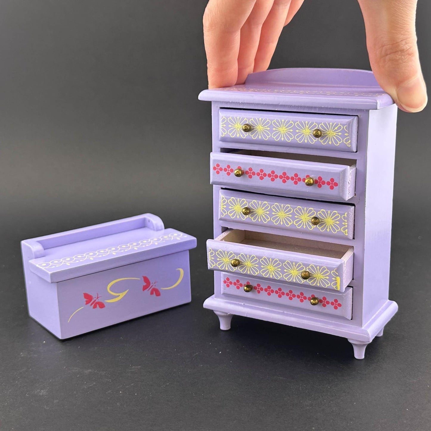 Miniature Purple Toddler Room set 6pcs Makeup chair bed dresser for 1:12 scale dollhouse