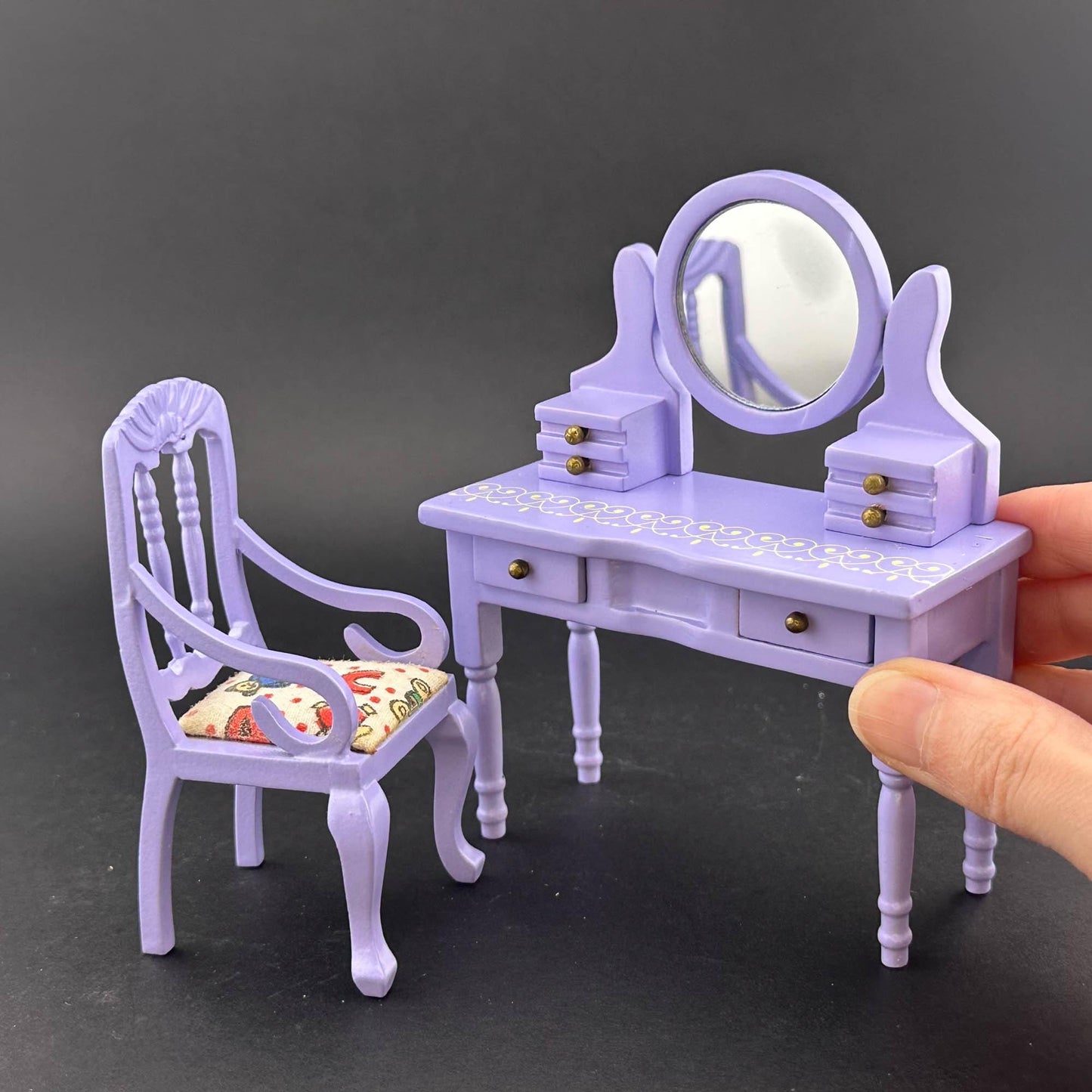 Miniature Purple Toddler Room set 6pcs Makeup chair bed dresser for 1:12 scale dollhouse