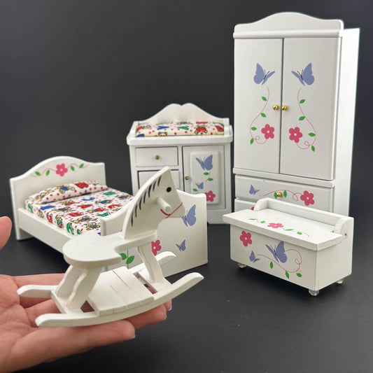 Miniature White Toddler Room set 5pcs bed dresser rocking horse cast for 1:12 scale dollhouse