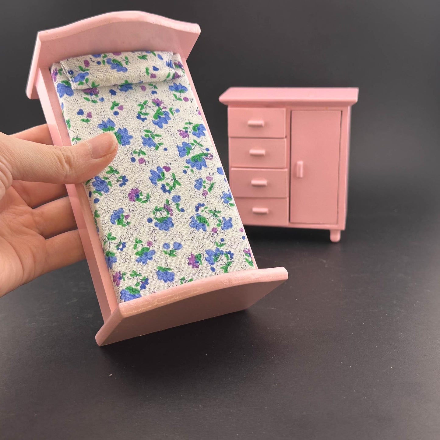 Miniature pink Toddler girl Room set 6pcs bed dresser rocking horse high chair for 1:12 scale dollhouse economic