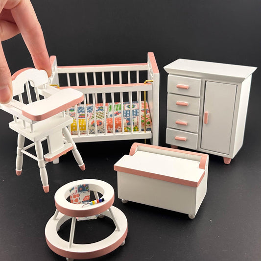 Nursery baby girl miniature Set 5pcs cradle highchair dresser pink classics decoration for 1:12 scale dollhouse economic