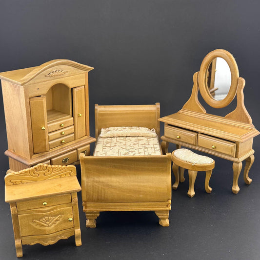 Chambre miniature victorienne pour enfant, ensemble économique de 5 pièces, lit, commode, table de chevet, miroir, armoire, maisons de poupées miniatures en bois de chêne à l'échelle 1:12