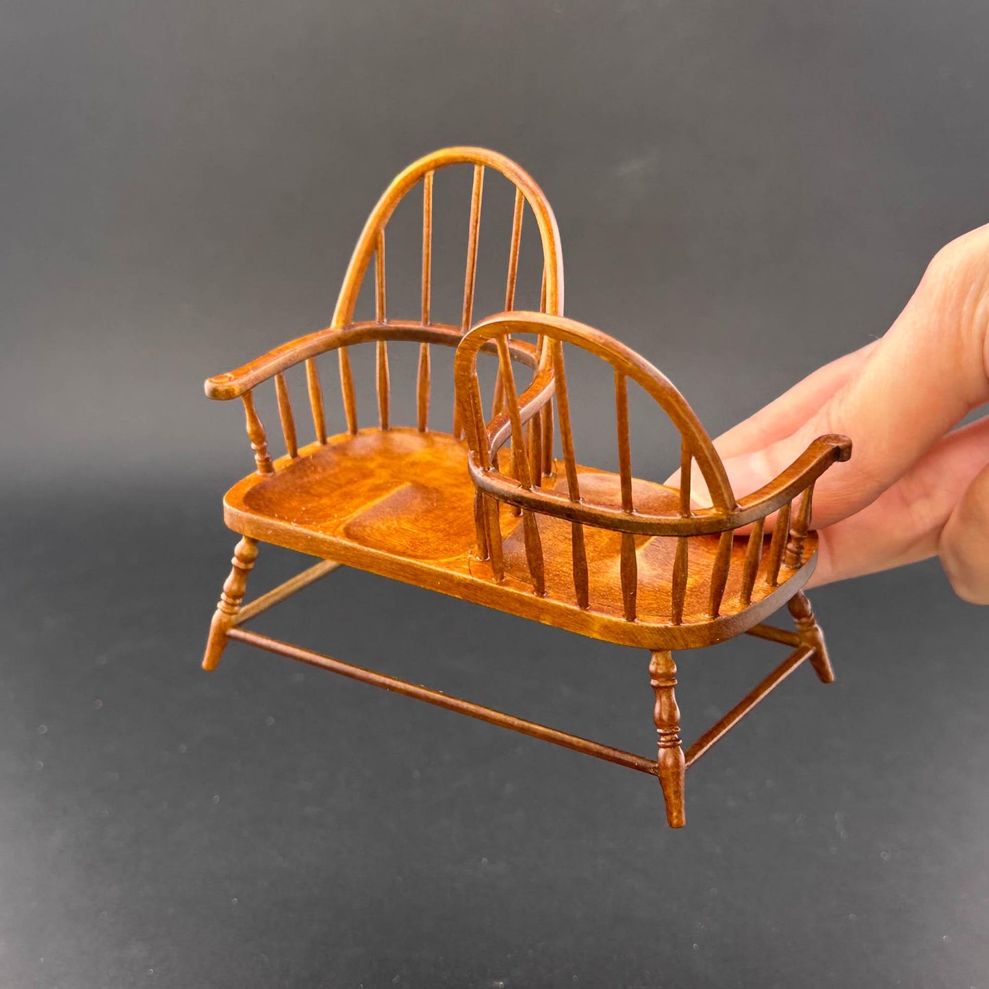 Miniature Love Seat Kissing Bench, Wooden High Back Double Spindle Windsor Style for 1:12 scale dollhouse Handcrafted