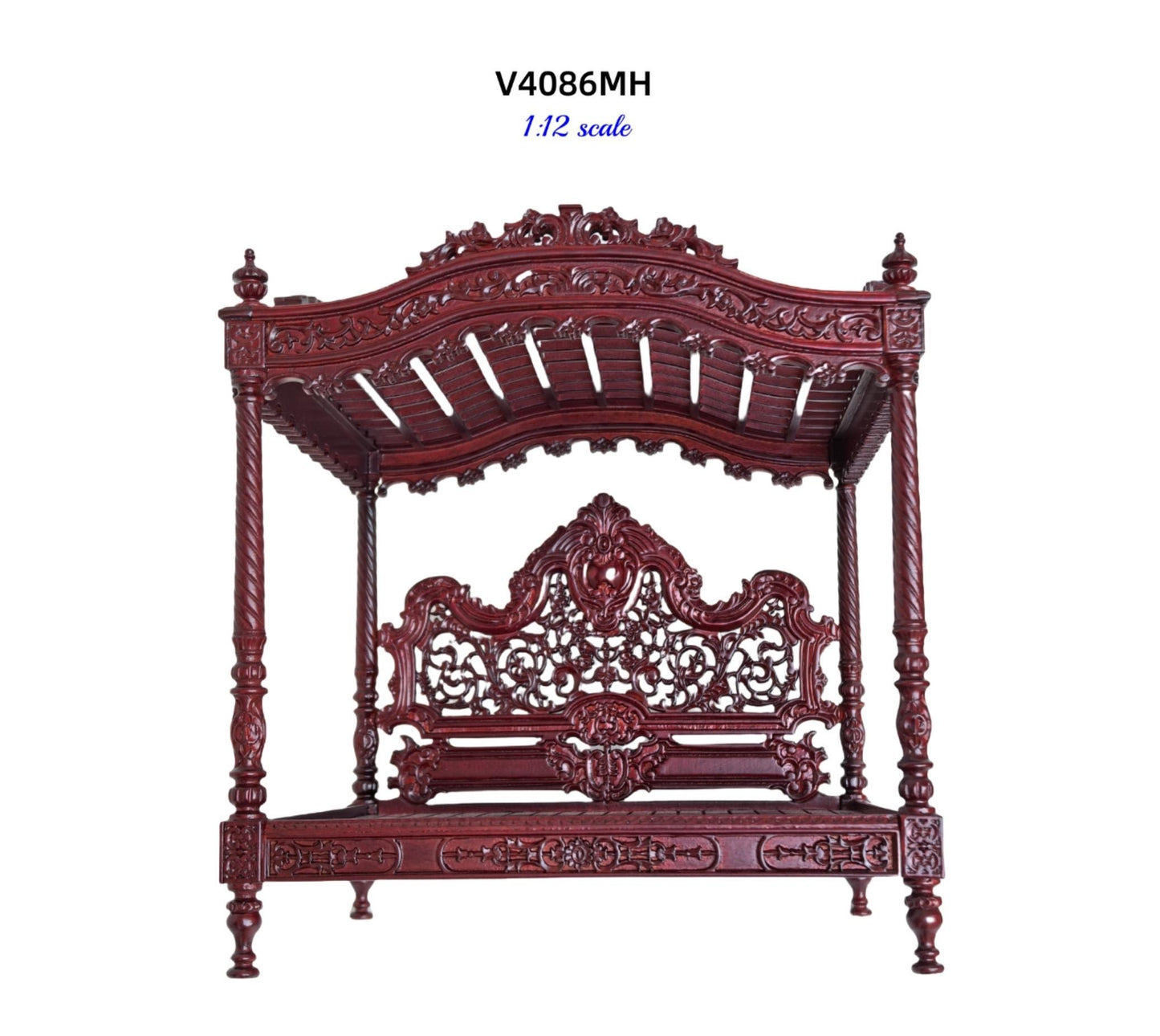 A Miniature Masterpiece king-size wooden Baroque Carved Mahogany Victorian Rococo Revival Canopy Bed Replica in 1:12 scale dollhouse
