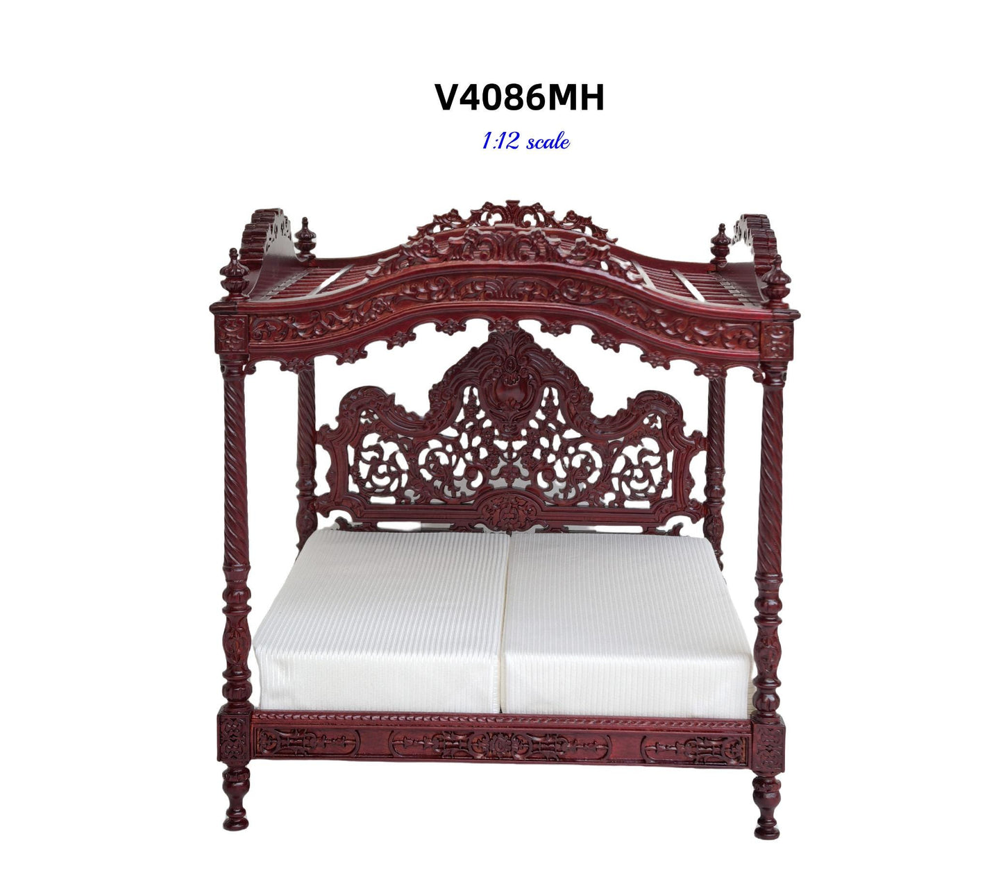 A Miniature Masterpiece king-size wooden Baroque Carved Mahogany Victorian Rococo Revival Canopy Bed Replica in 1:12 scale dollhouse