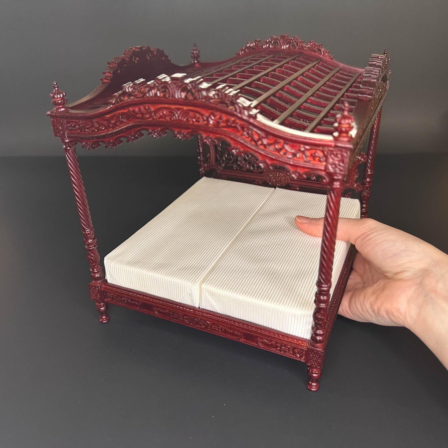 A Miniature Masterpiece king-size wooden Baroque Carved Mahogany Victorian Rococo Revival Canopy Bed Replica in 1:12 scale dollhouse