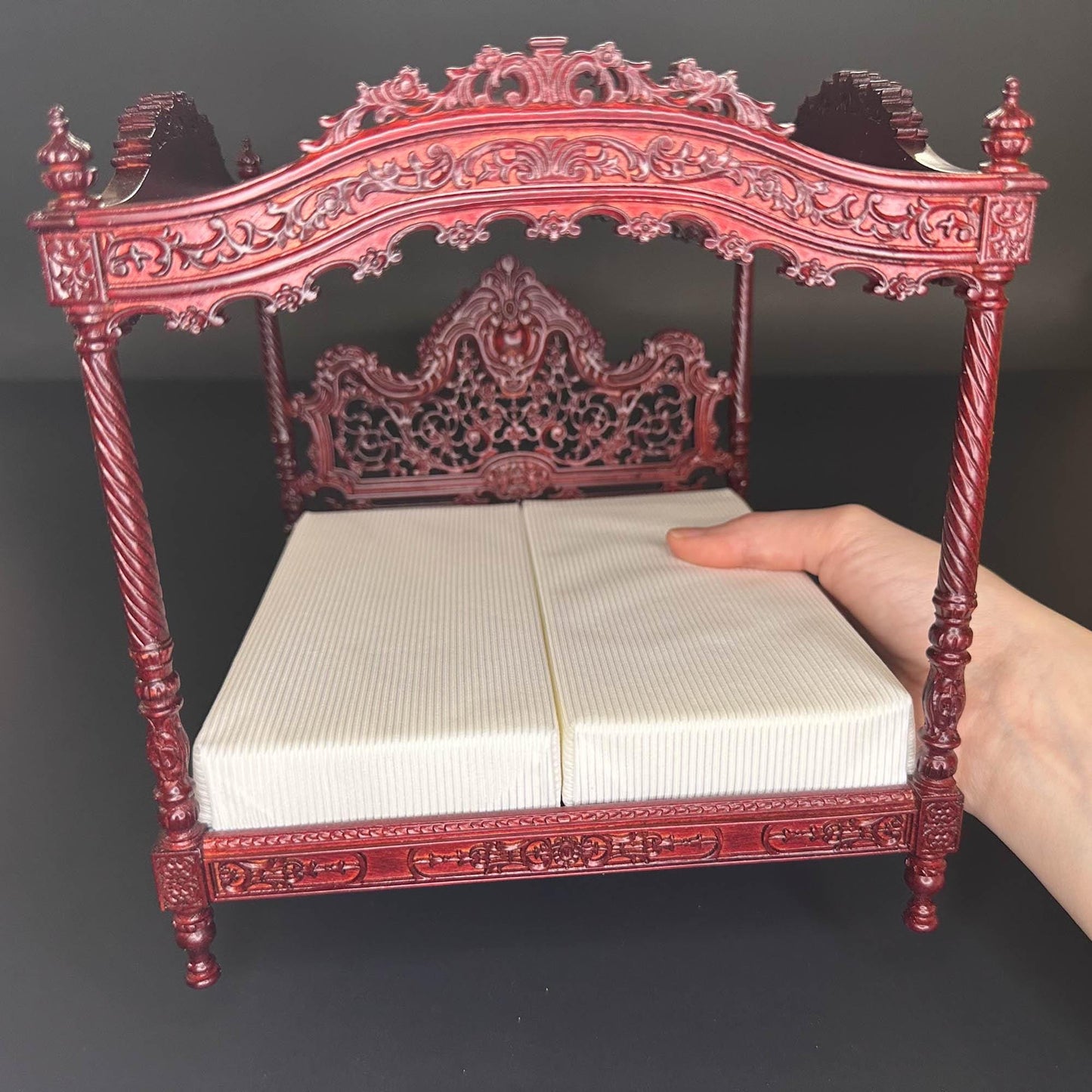 A Miniature Masterpiece king-size wooden Baroque Carved Mahogany Victorian Rococo Revival Canopy Bed Replica in 1:12 scale dollhouse
