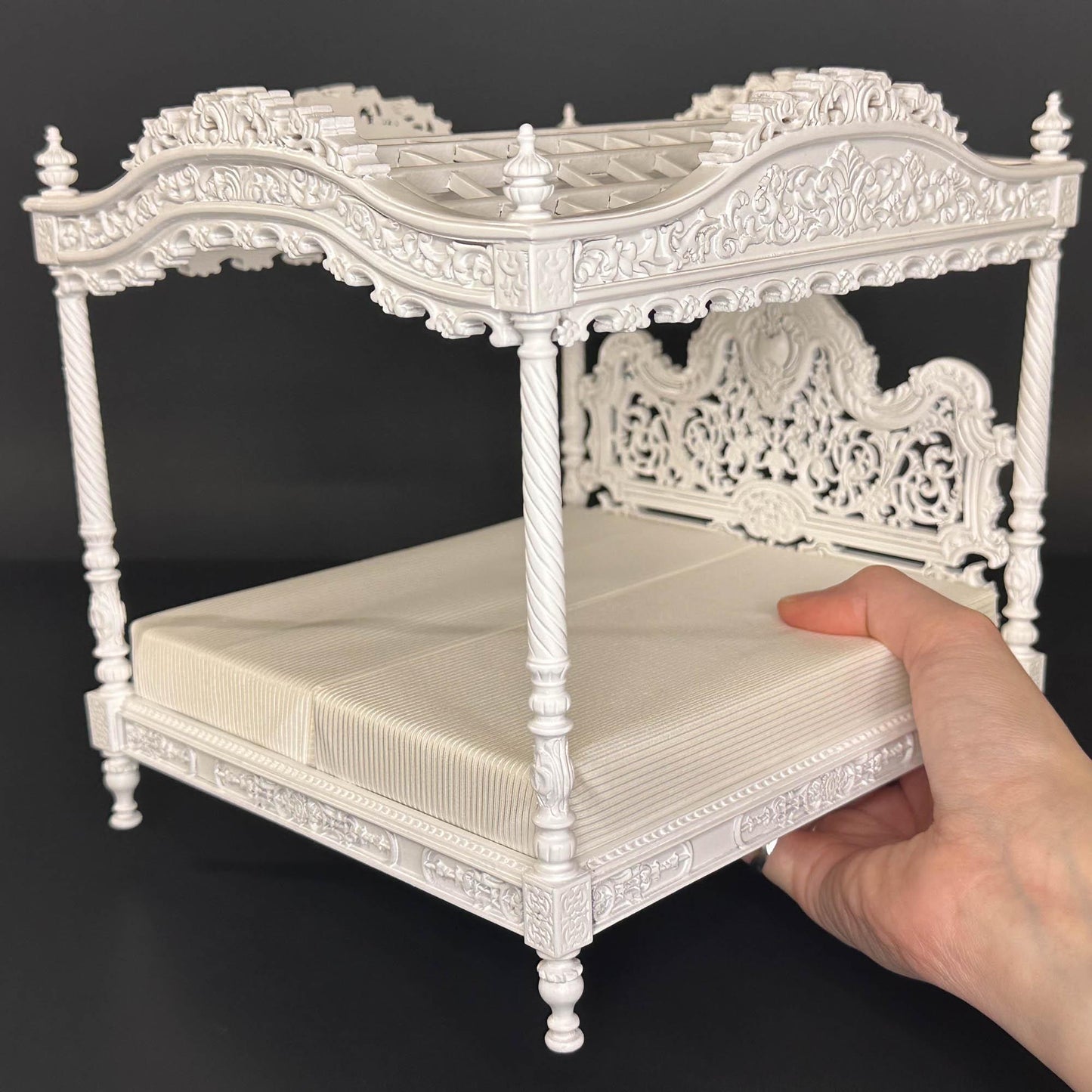 A Miniature Masterpiece king-size wooden Baroque Carved White Victorian Rococo Revival Canopy Bed Replica in 1:12 scale dollhouse
