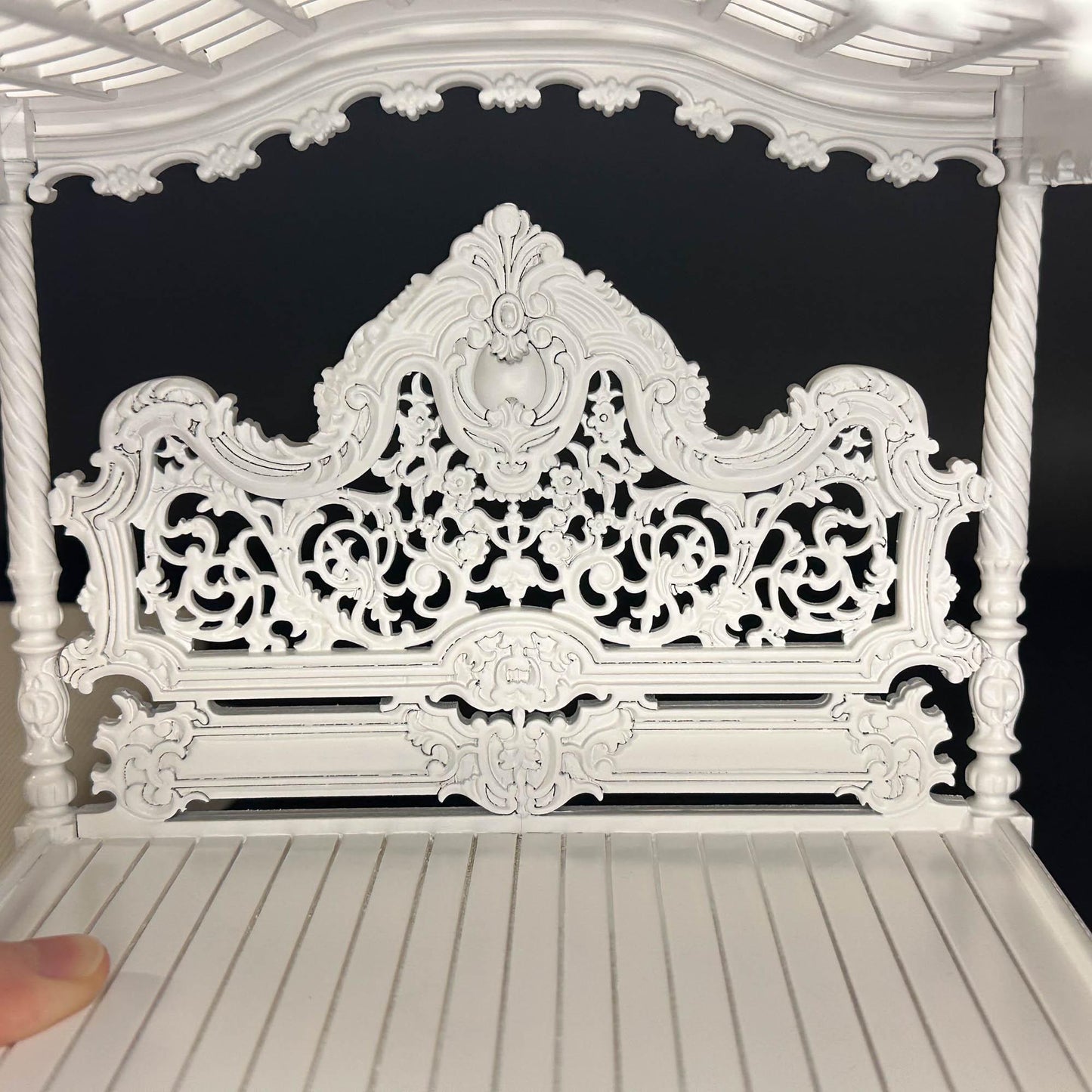 A Miniature Masterpiece king-size wooden Baroque Carved White Victorian Rococo Revival Canopy Bed Replica in 1:12 scale dollhouse