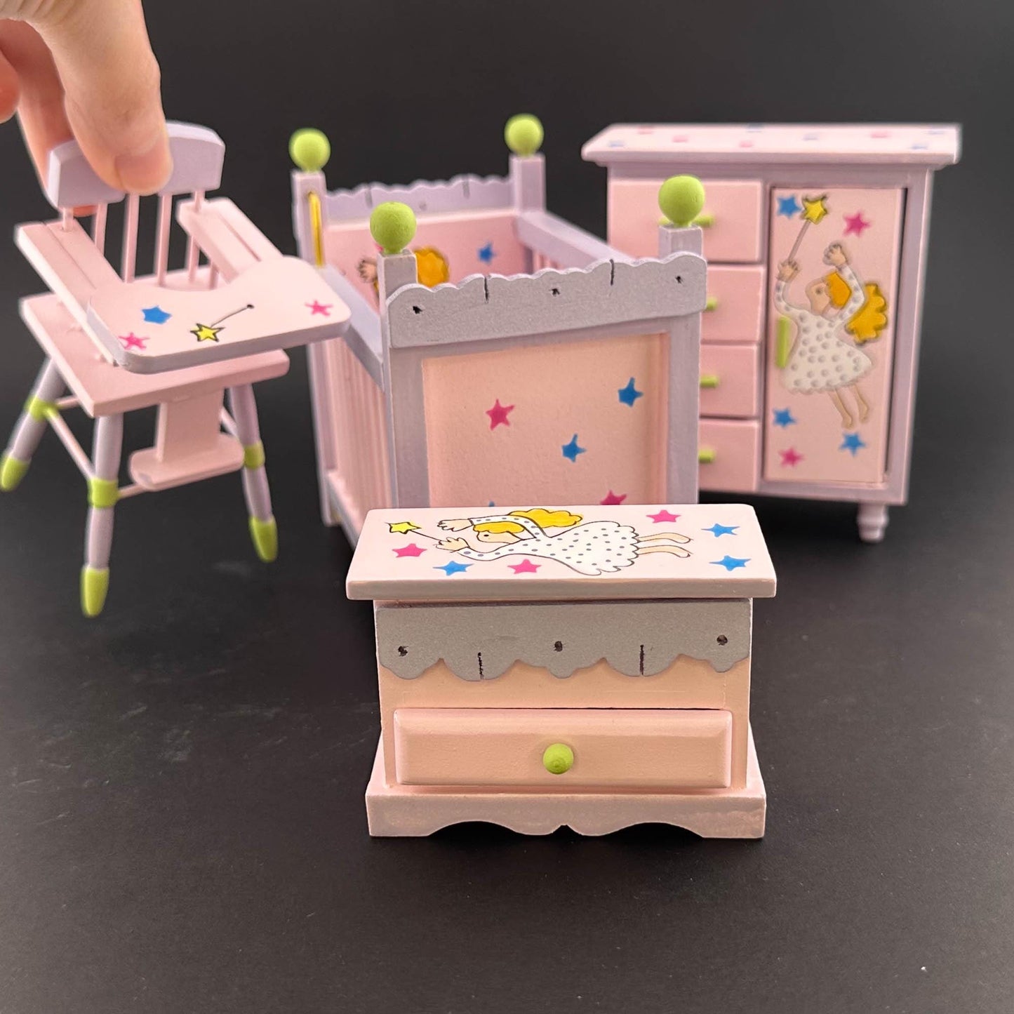 Fairy-themed pink nursery Economic 4pcs Set. miniature for 1:12 scale dollhouse dresser, crib, high chair, and toy chest Baby room.
