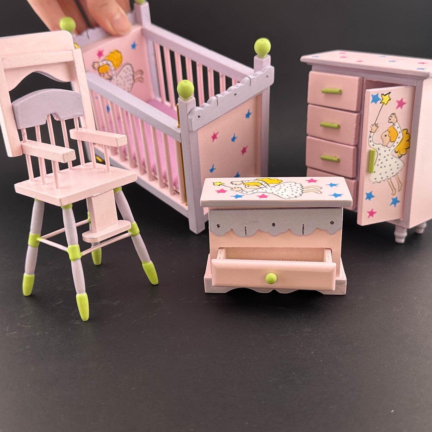 Fairy-themed pink nursery Economic 4pcs Set. miniature for 1:12 scale dollhouse dresser, crib, high chair, and toy chest Baby room.