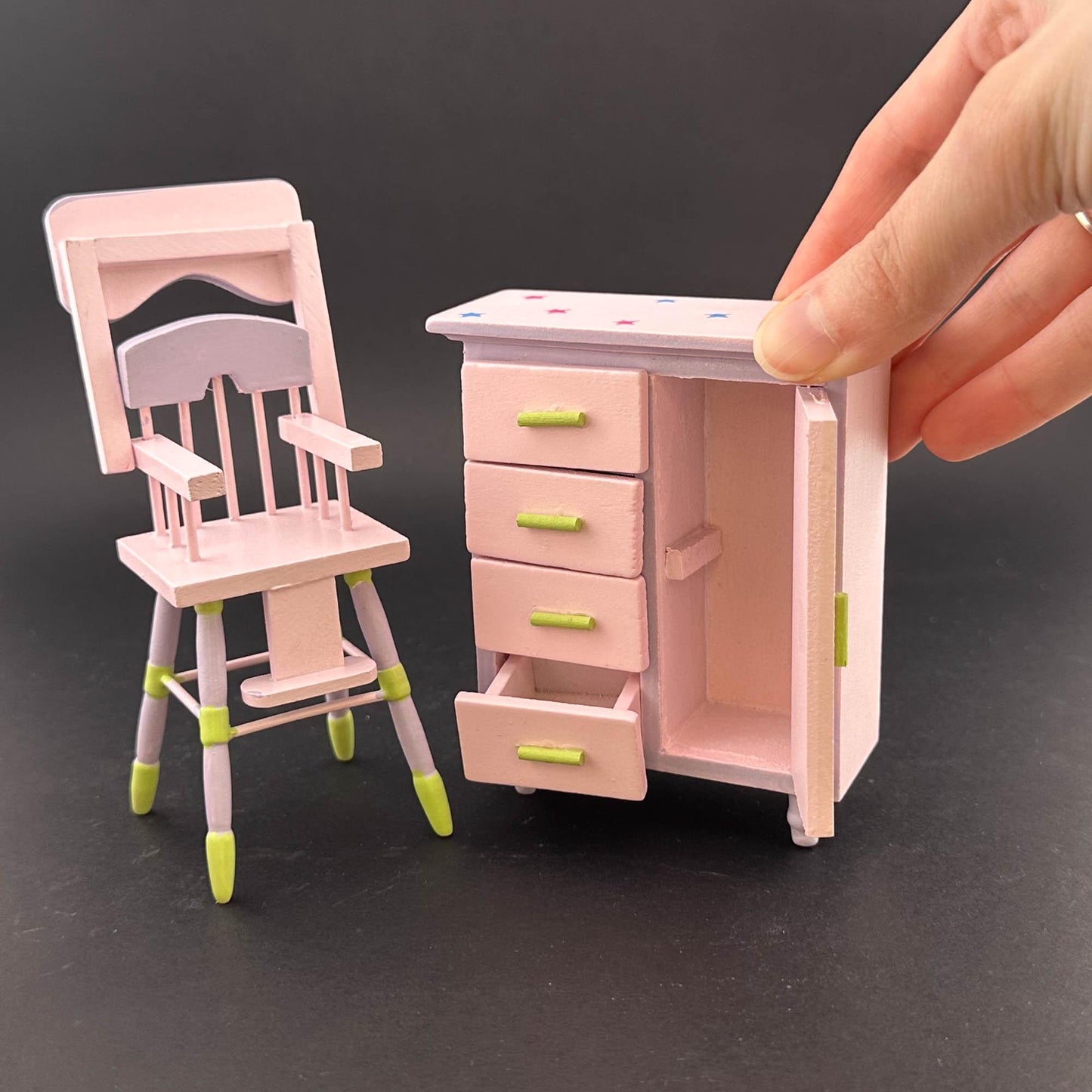 Fairy-themed pink nursery Economic 4pcs Set. miniature for 1:12 scale dollhouse dresser, crib, high chair, and toy chest Baby room.