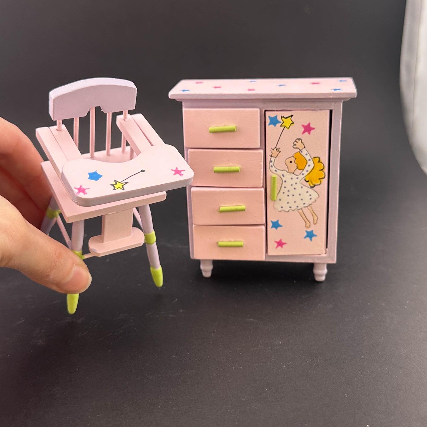 Fairy-themed pink nursery Economic 4pcs Set. miniature for 1:12 scale dollhouse dresser, crib, high chair, and toy chest Baby room.