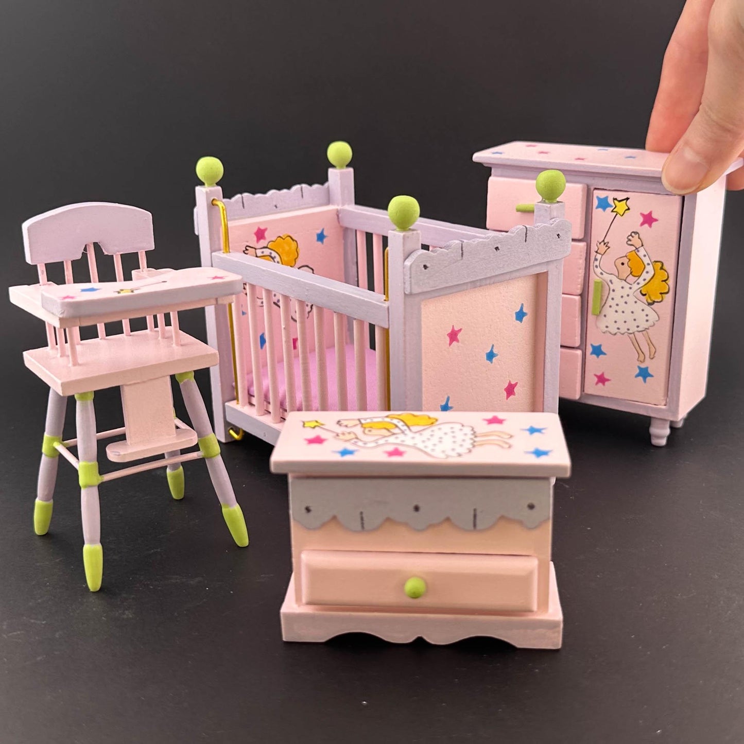 Fairy-themed pink nursery Economic 4pcs Set. miniature for 1:12 scale dollhouse dresser, crib, high chair, and toy chest Baby room.