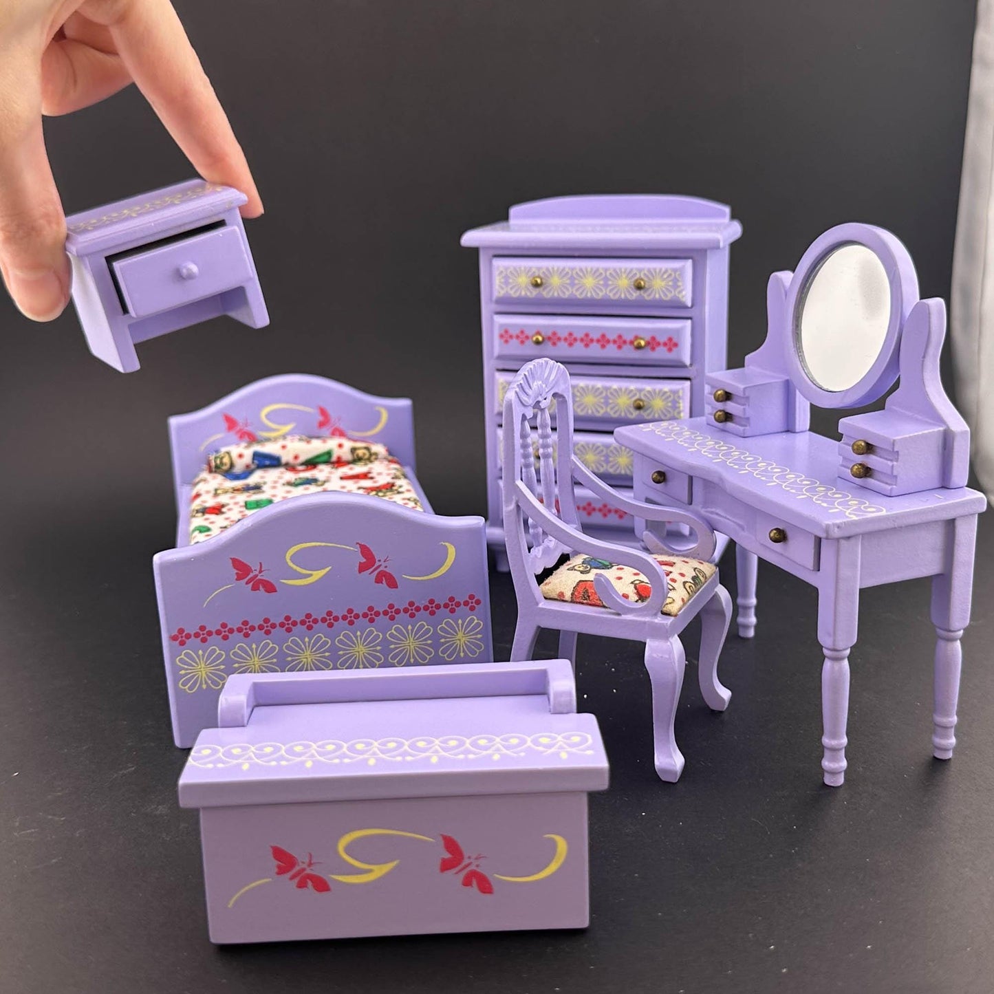 Miniature Purple Toddler Room set 6pcs Makeup chair bed dresser for 1:12 scale dollhouse