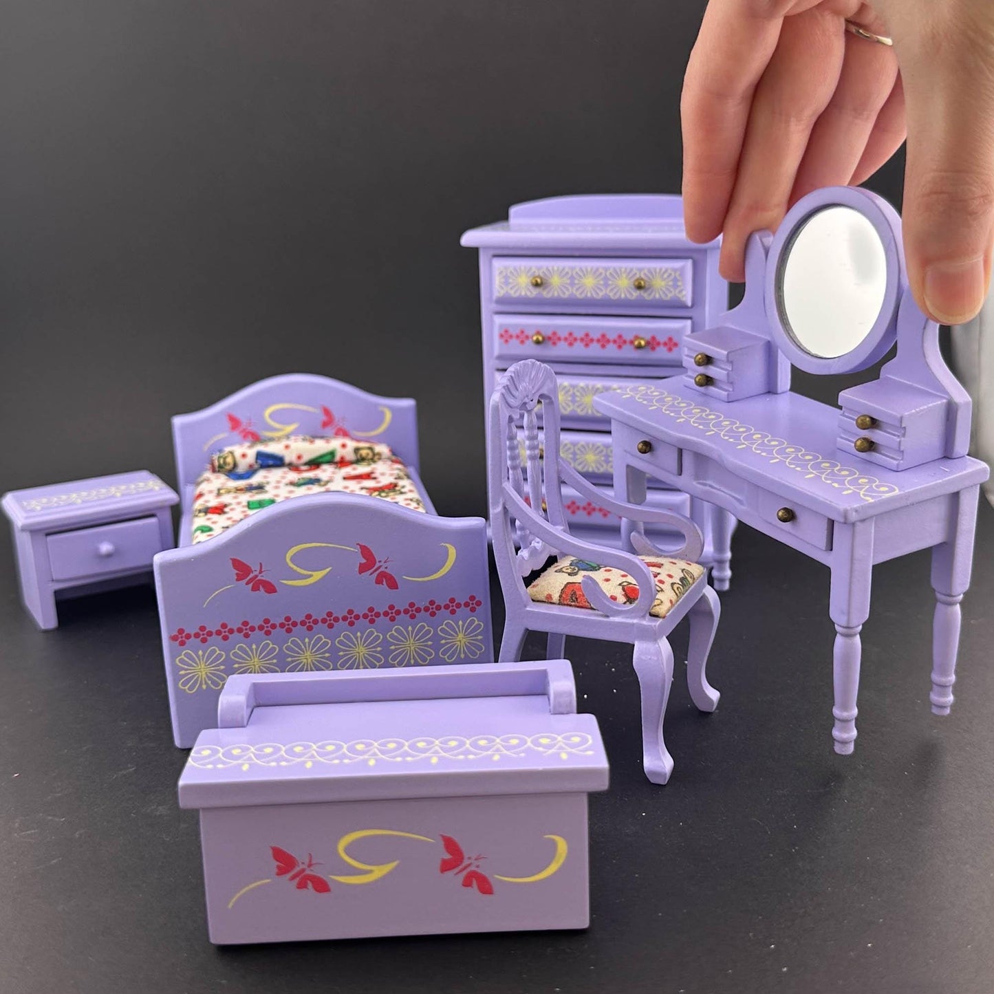 Miniature Purple Toddler Room set 6pcs Makeup chair bed dresser for 1:12 scale dollhouse