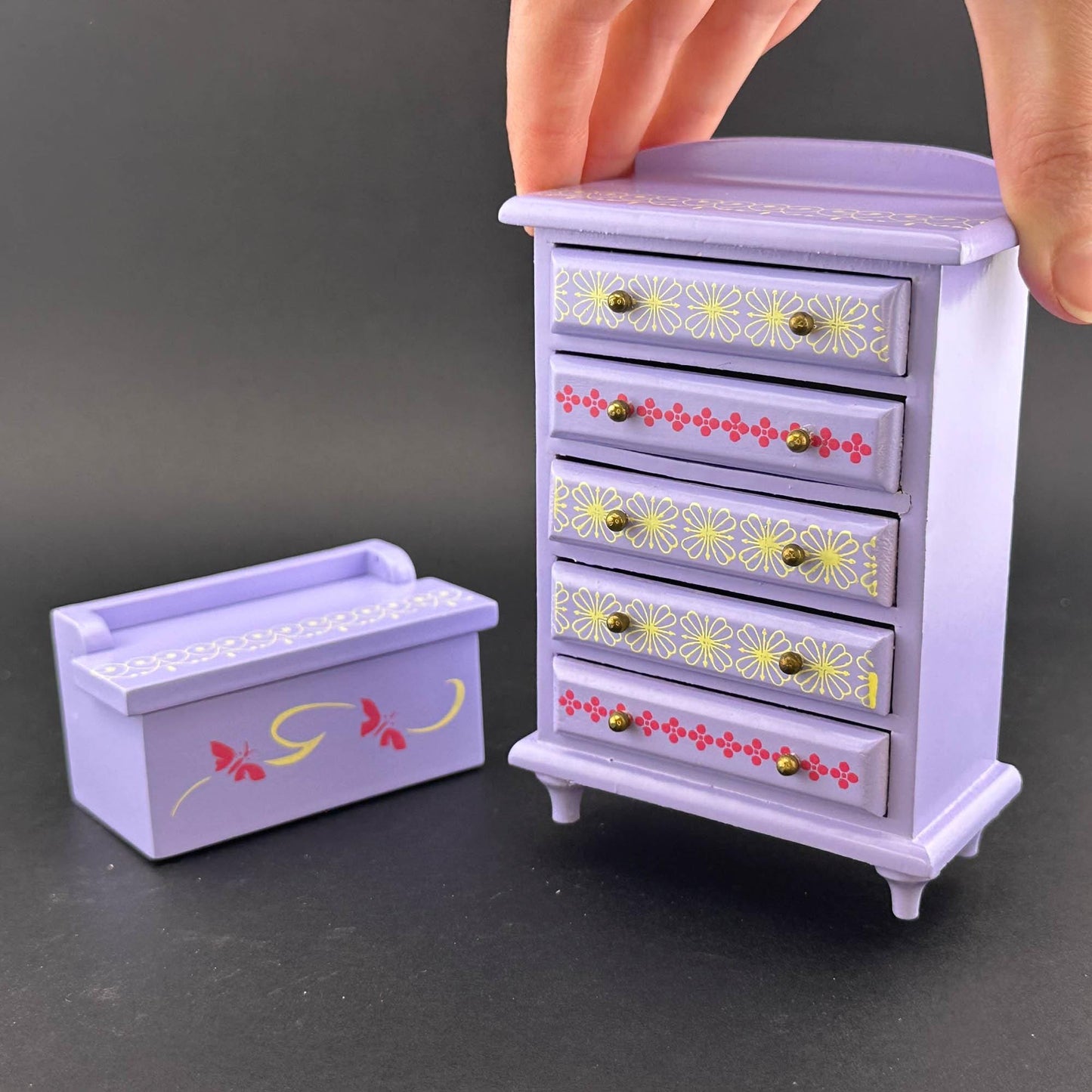 Miniature Purple Toddler Room set 6pcs Makeup chair bed dresser for 1:12 scale dollhouse