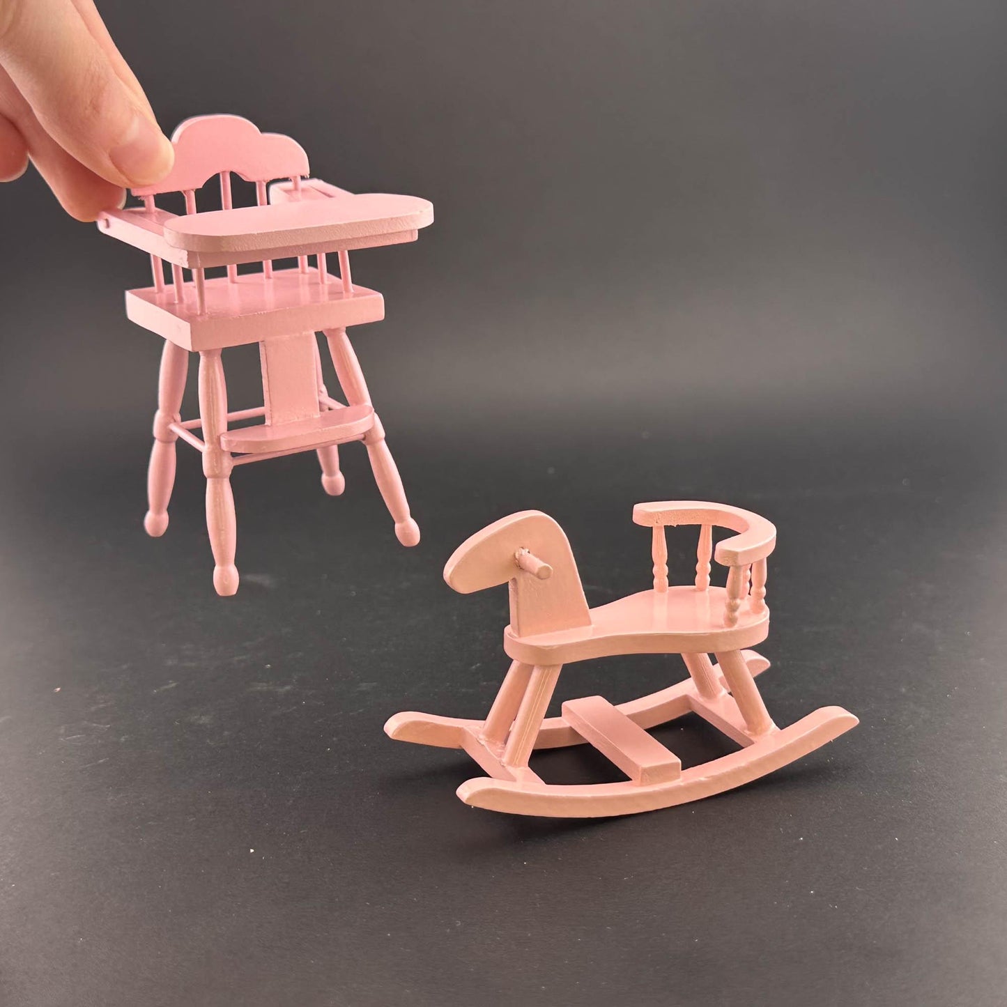 Miniature pink Toddler girl Room set 6pcs bed dresser rocking horse high chair for 1:12 scale dollhouse economic