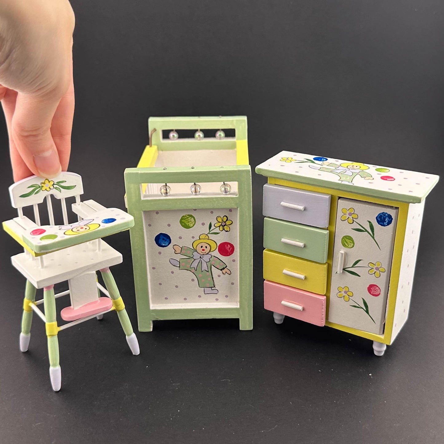 Nursery baby miniature Set 3pcs cradle highchair dresser Flowers decoration for 1:12 scale dollhouse economic