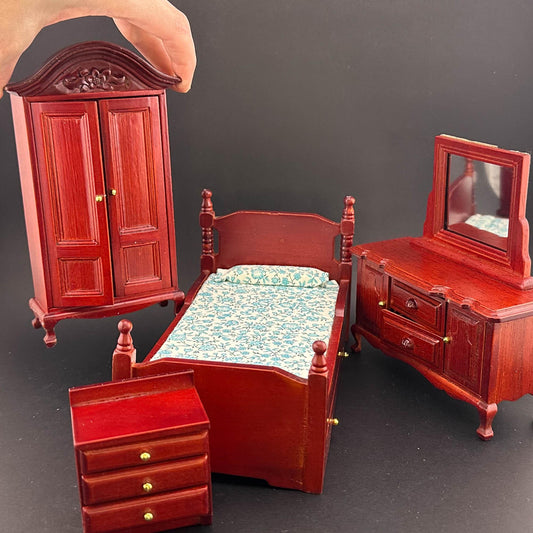 Suite de chambre miniature victorienne Economy 4 pièces lit commode table de chevet miroir armoire échelle 1:12 maisons de poupées miniatures en bois d'acajou