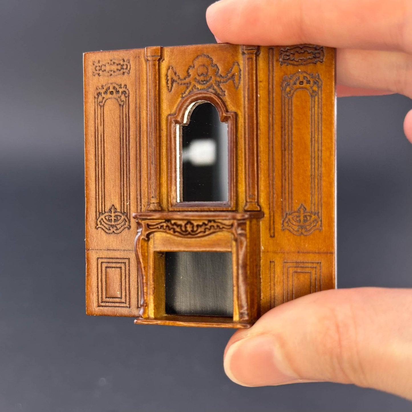 1:48 scale fireplace wall panel with mirror handcrafted wood quarter scale WALNUT wood 1/48 Top Quality dollhouse miniature