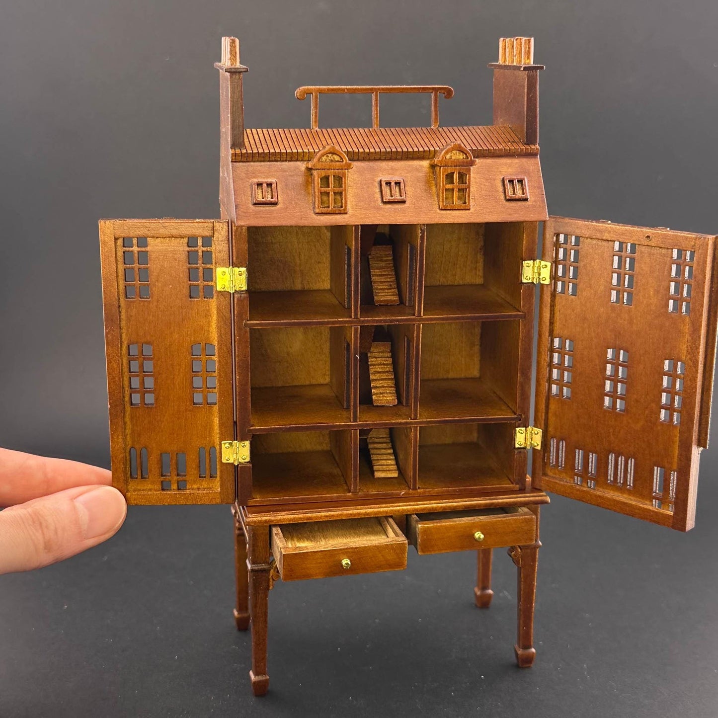 French Townhouse Dollhouse for 1:12 Dollhouse with Table WALNUT 1/144 scale Top Quality front opening 4-floors and shops stores staircases