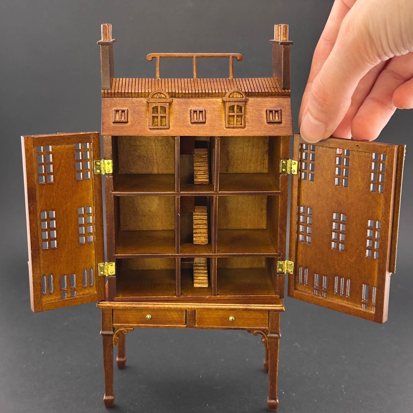 French Townhouse Dollhouse for 1:12 Dollhouse with Table WALNUT 1/144 scale Top Quality front opening 4-floors and shops stores staircases